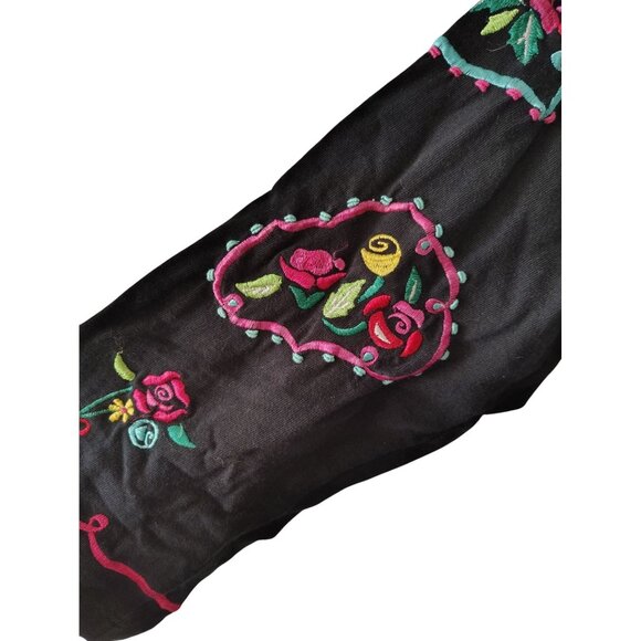 Michael Simon Black Dress Large, Embroidered Flower, Cotton 3/4 Sleeve Pink Trim - Picture 2 of 4